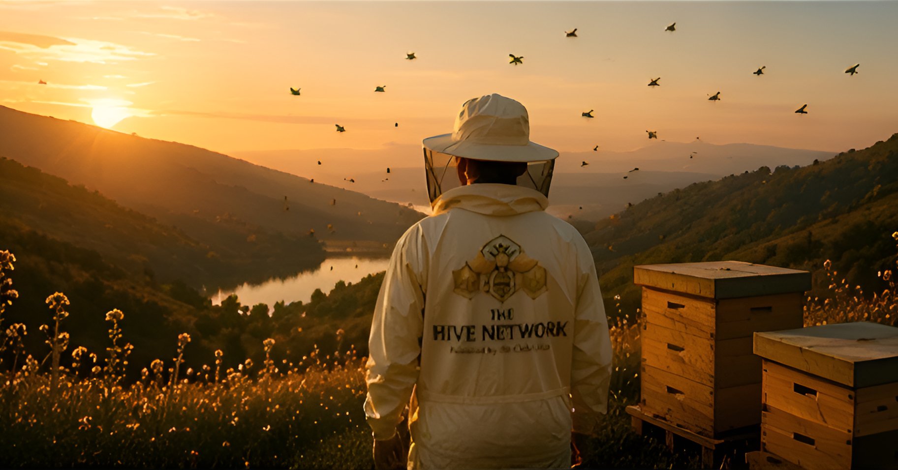 Beekeeper looking at beehives at sunset